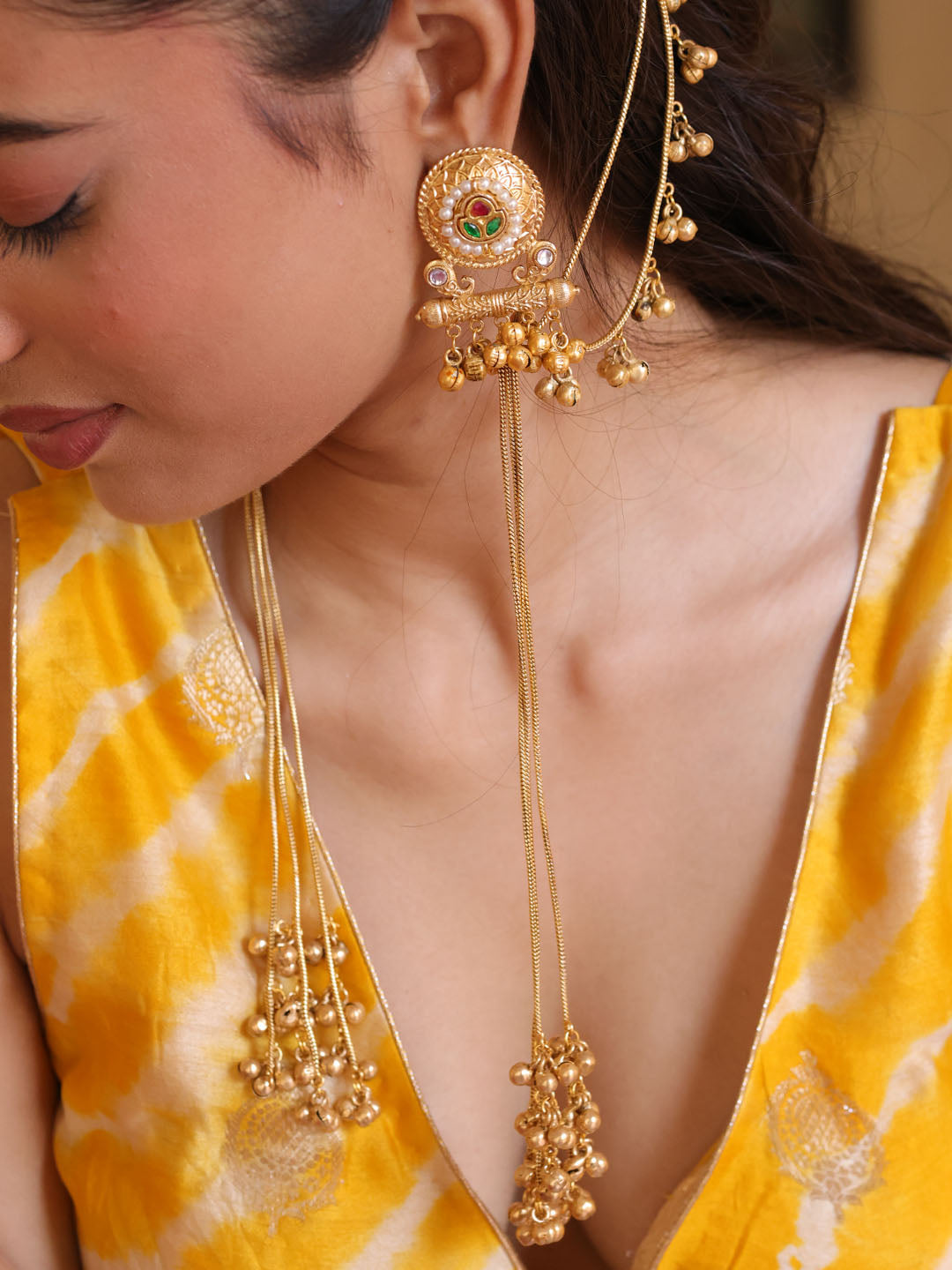 Apala Plating Long Ghunghroo Earring with ear chain