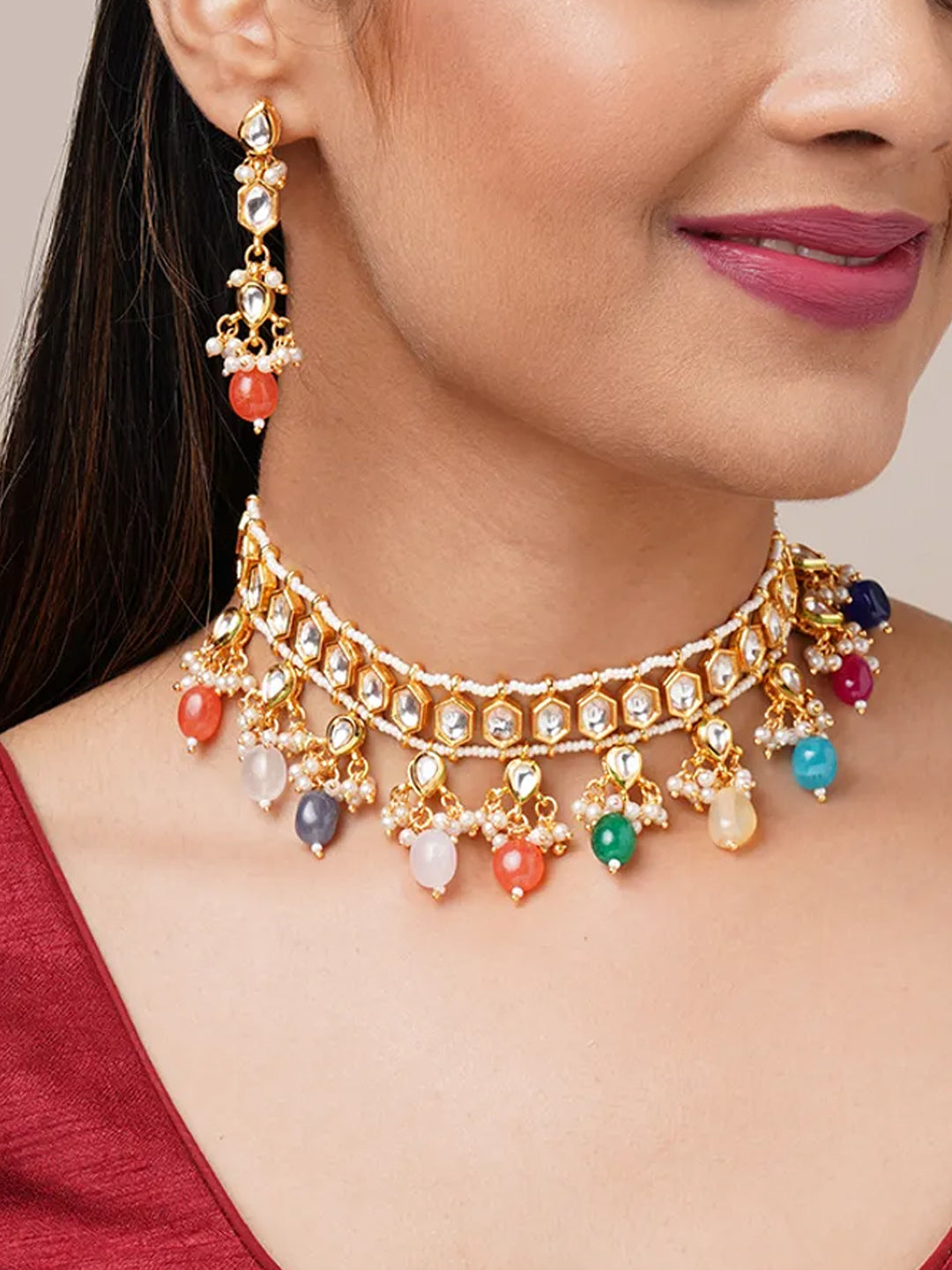 Gold toned multi colour necklace set