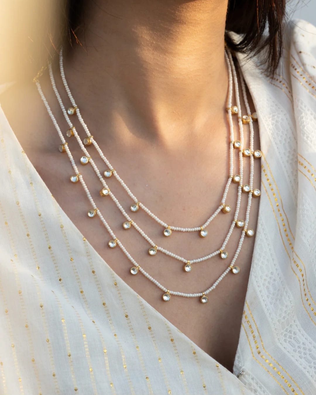 Three-Layer Pearl Beaded Necklace with Kundan Drops