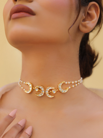 Pearl Beaded Choker with Crescent Moon Kundan Pendant