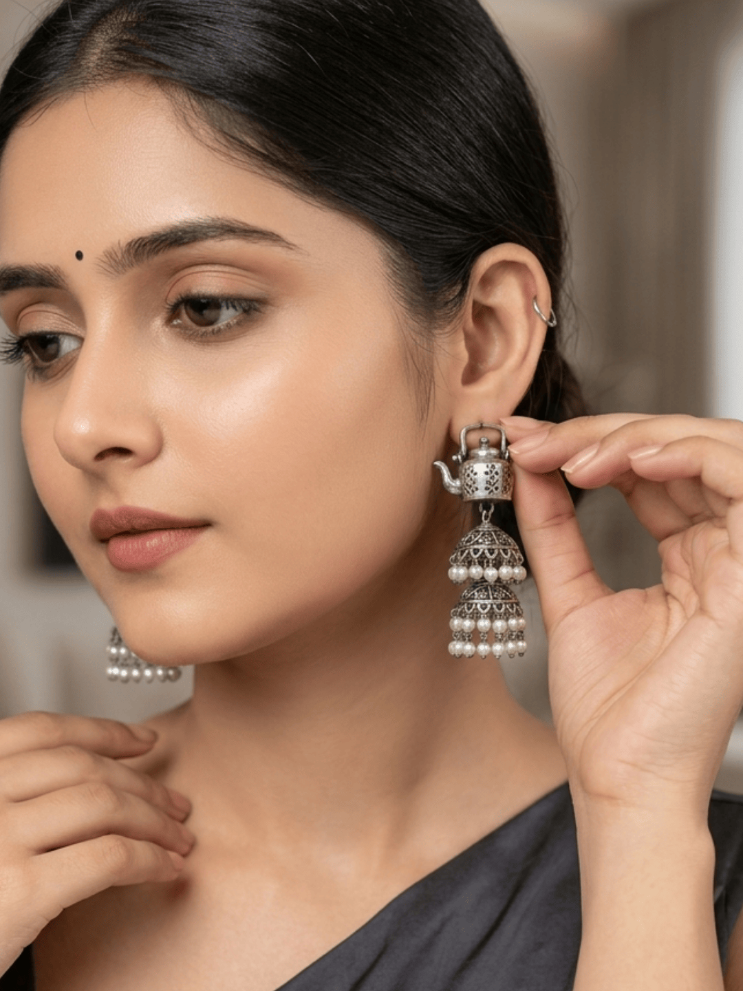 Sarvagina German Silver Teapot Double Jhumka Earrings