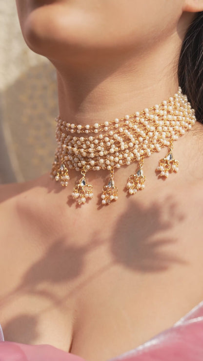 Varnika Layered Pearl Choker Necklace With Gold Beaded Pendants