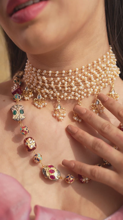 Celestia Red Handpainted Quartz Necklace & Pearl Choker Combo Set