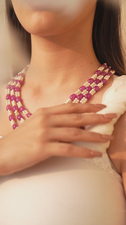 Vianna Tri-Layered Purple and White Beads Necklace Set