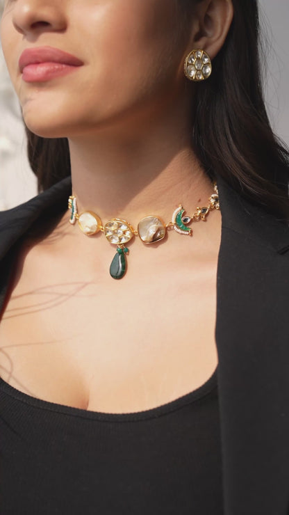 Riana Handmade Pachi Choker Set with Kundan Earrings