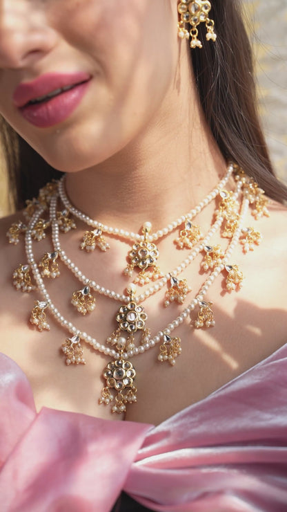 Triple-Layered Ishara Regal Kundan Necklace Set With Mangtika