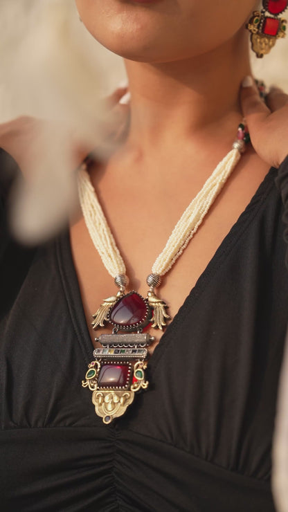 Avira Long Necklace Set With Maroon Gemstone And Peacock Pendant