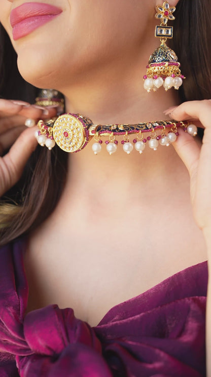 Rajmani Meenakari Pearl Choker Set