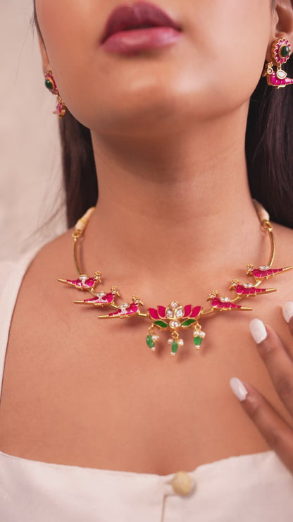 Gold-Plated Zaira Pakhi Lotus Meenakari Necklace Set
