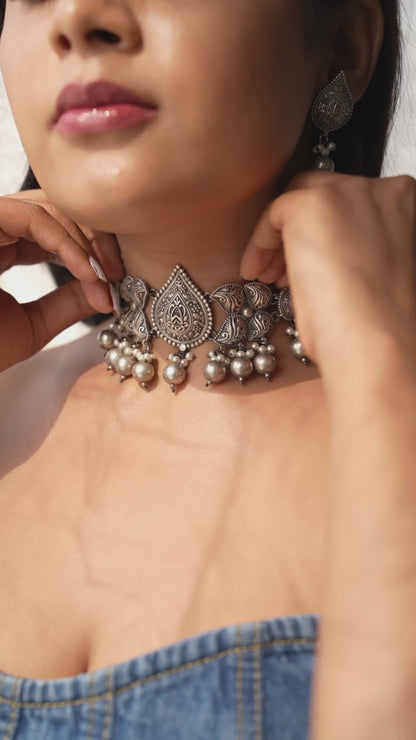 Aarohi Teardrop German Silver Choker Set