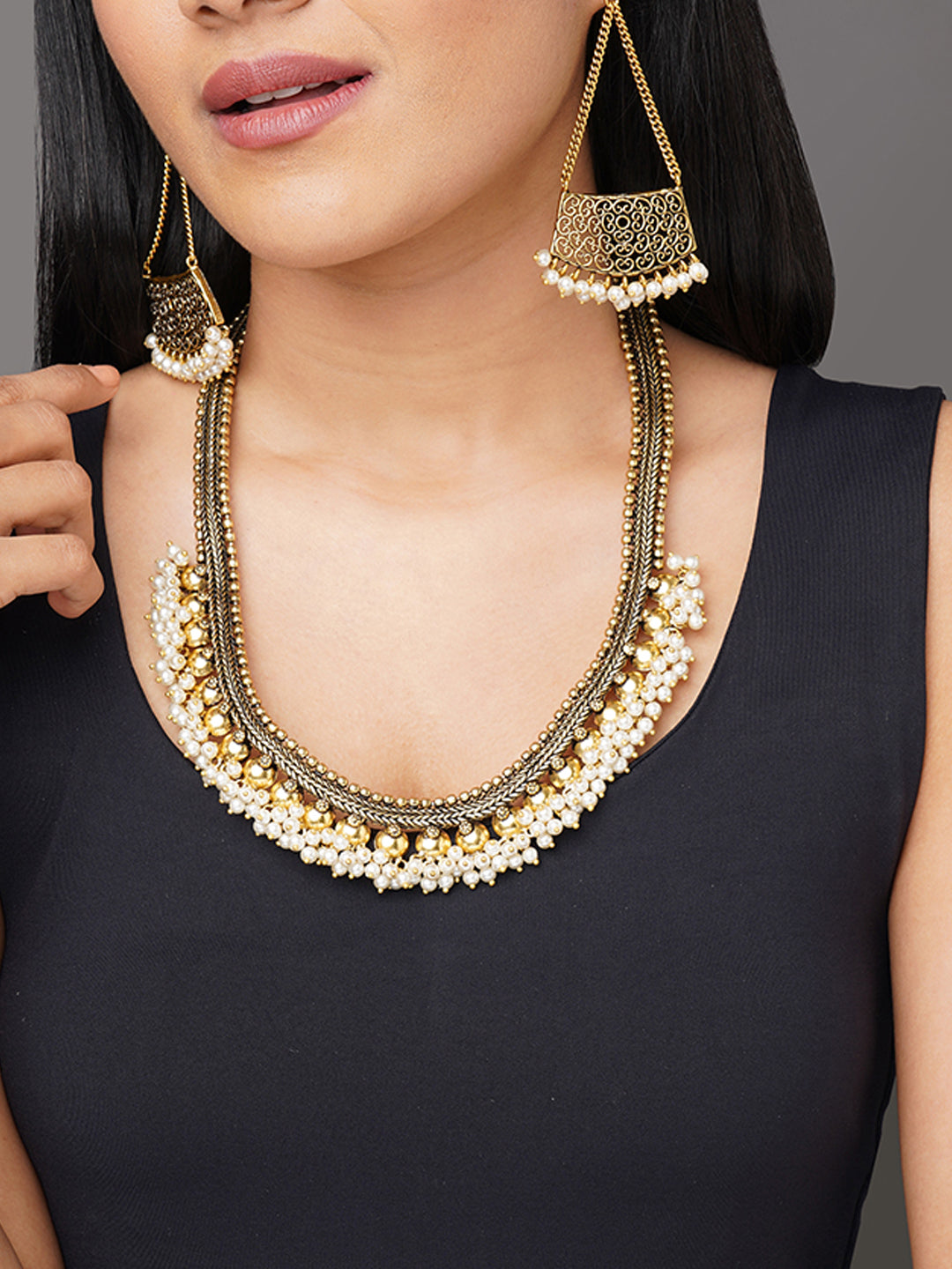 Nyra Layered Gold-Toned Necklace Set with White Beads