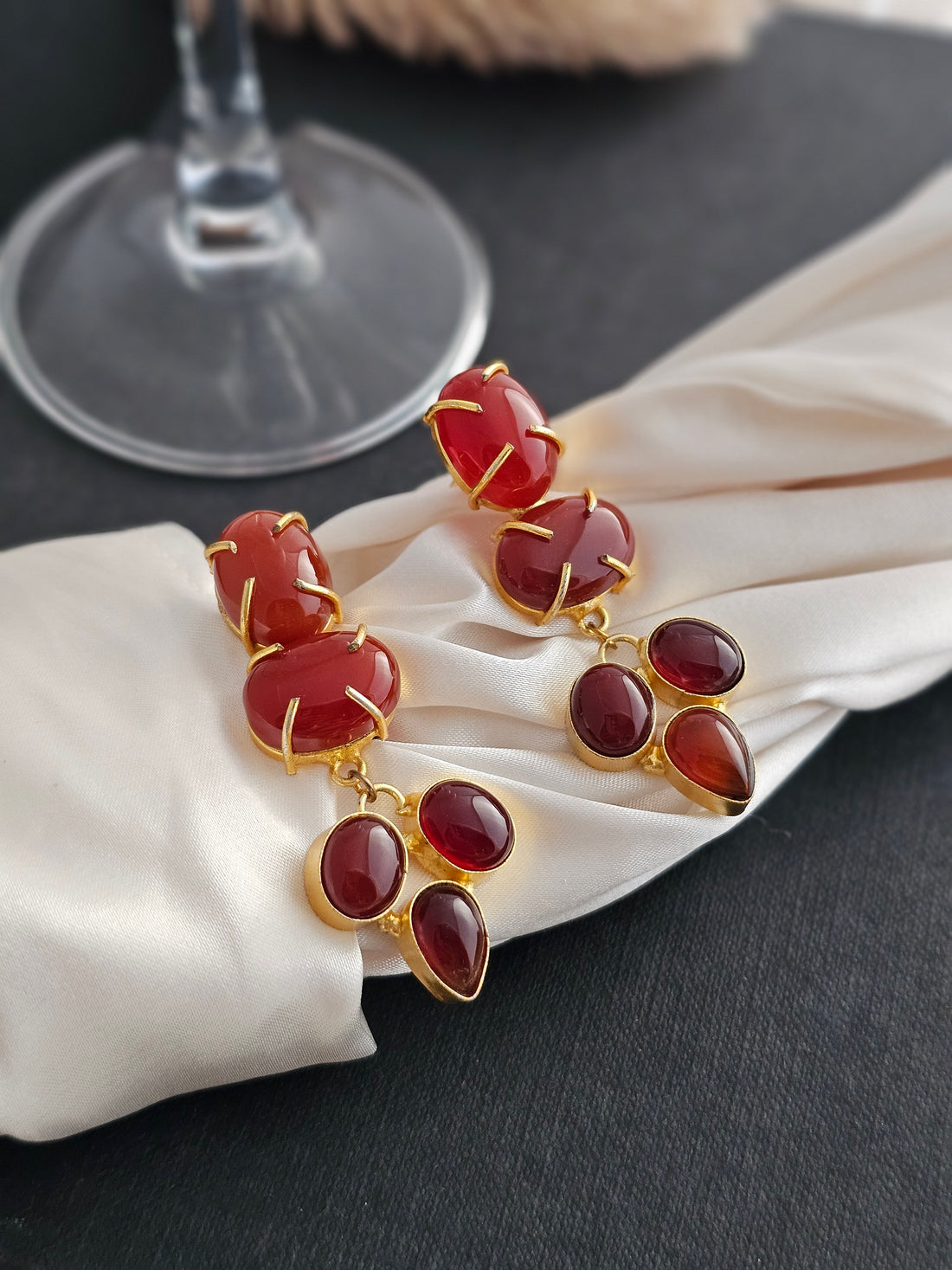 Red Stone Halo Dangle Earrings