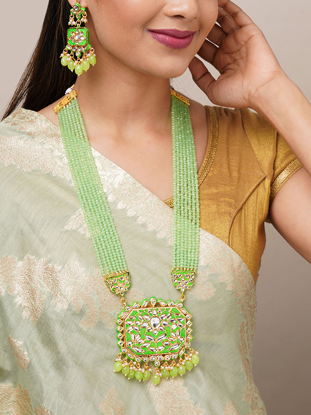 Green beaded long necklace