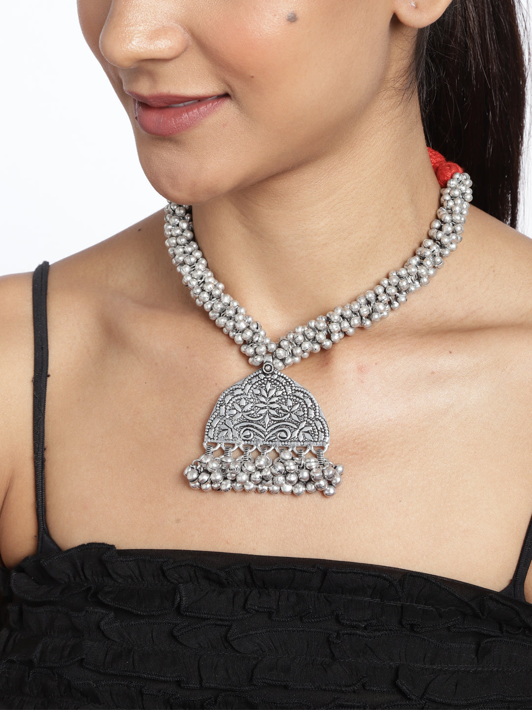 Silver-Plated  Red Ghunghuru Tribal Necklace
