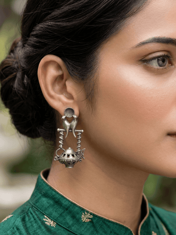 German Silver Bird Stand Drop Earrings