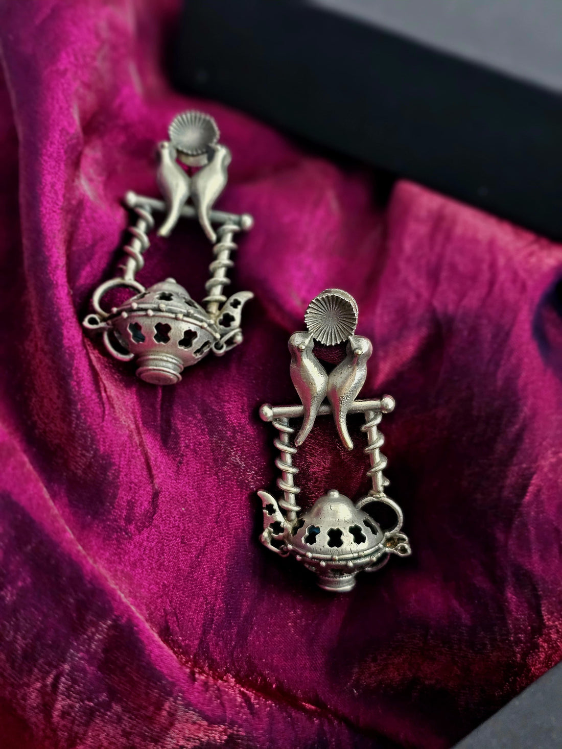 German Silver Bird Stand Drop Earrings