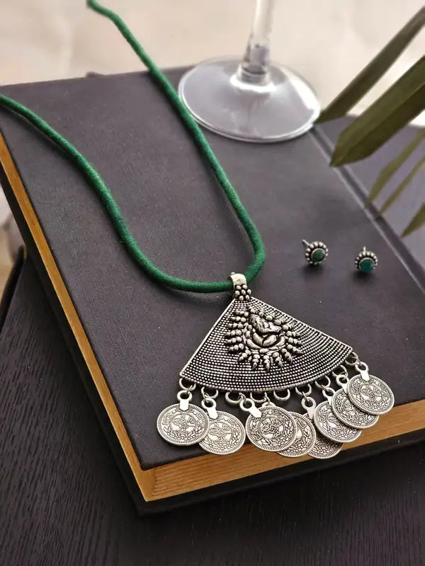 Silver Plated And Green Wardrobe Triangle Ganpati Antique Jewllery Set