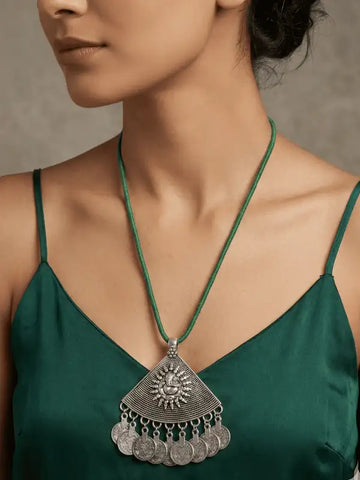 Silver Plated And Green Wardrobe Triangle Ganpati Antique Jewllery Set
